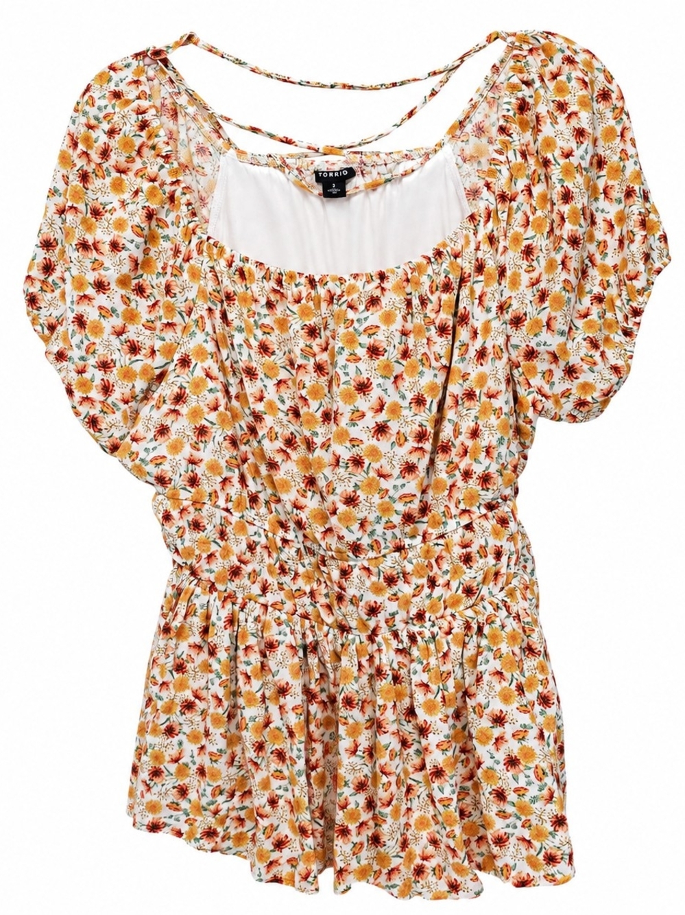 Torrid Floral Babydoll Peplum Blouse Plus Size 2/2X Boho Cottagecore Puff Sleeve - Picture 2 of 8